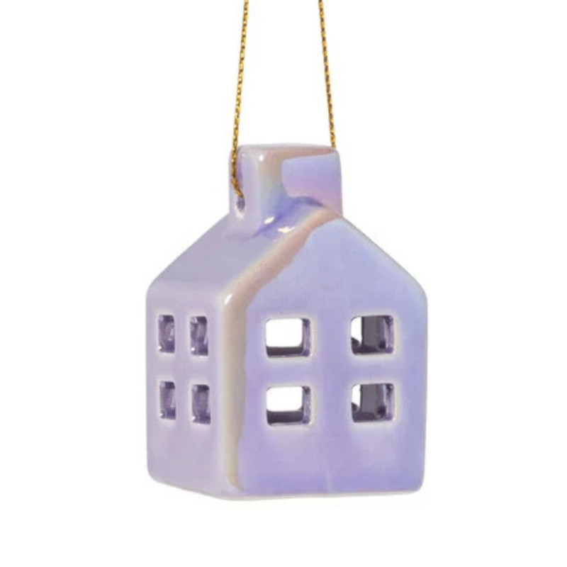 Hanger huisje keramiek - lila - 5.5x3.5x3.5 cm